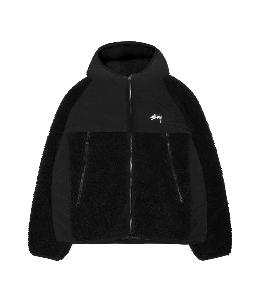 Black Sherpa Hooded Jacket by Stussy – Urban Panel Fleece (5)