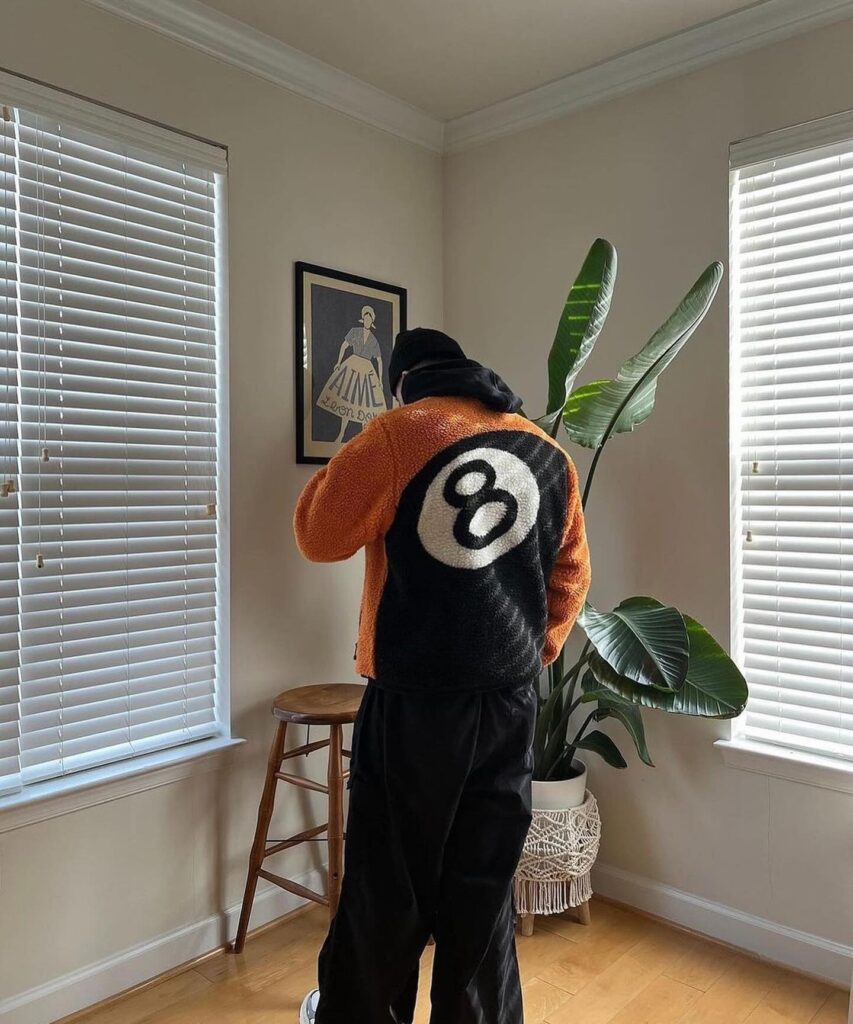 Stussy 8 Ball Reversible Sherpa Jacket Orange and Black Color (1)