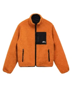 Stussy 8 Ball Reversible Sherpa Jacket Orange and Black Color (2)