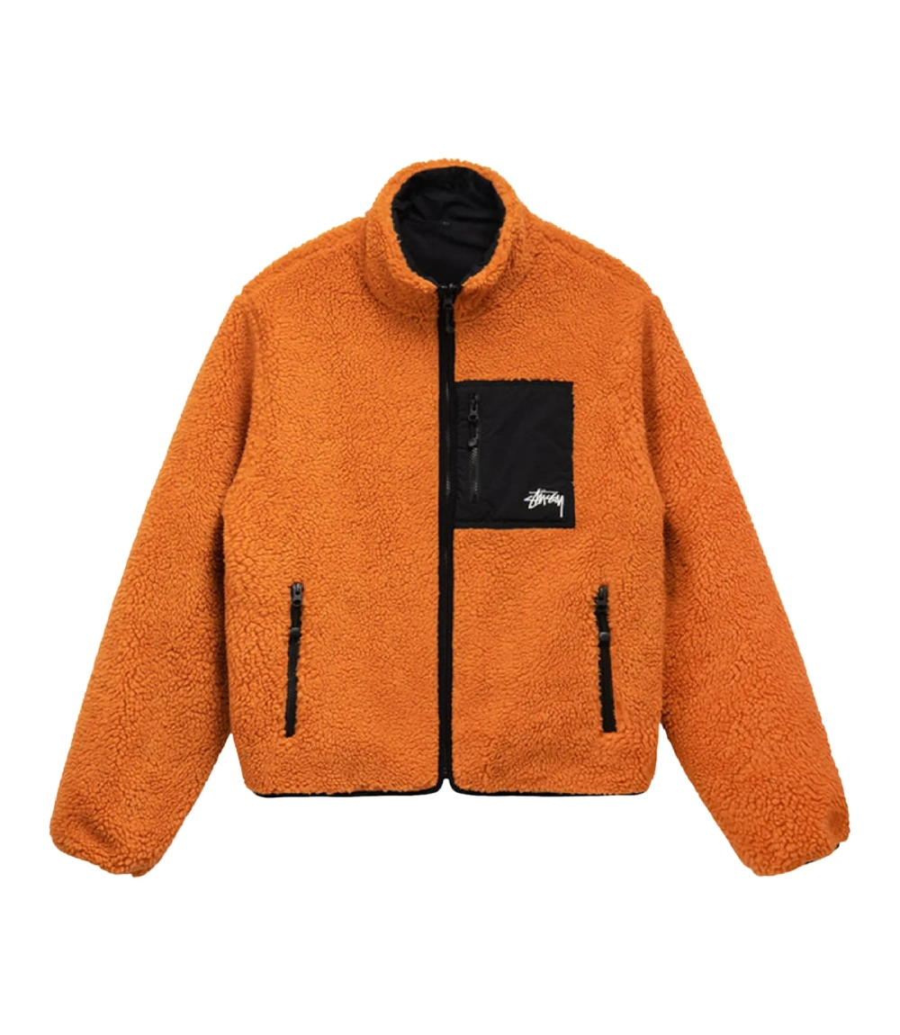 Stussy 8 Ball Reversible Sherpa Jacket Orange and Black Color (2)