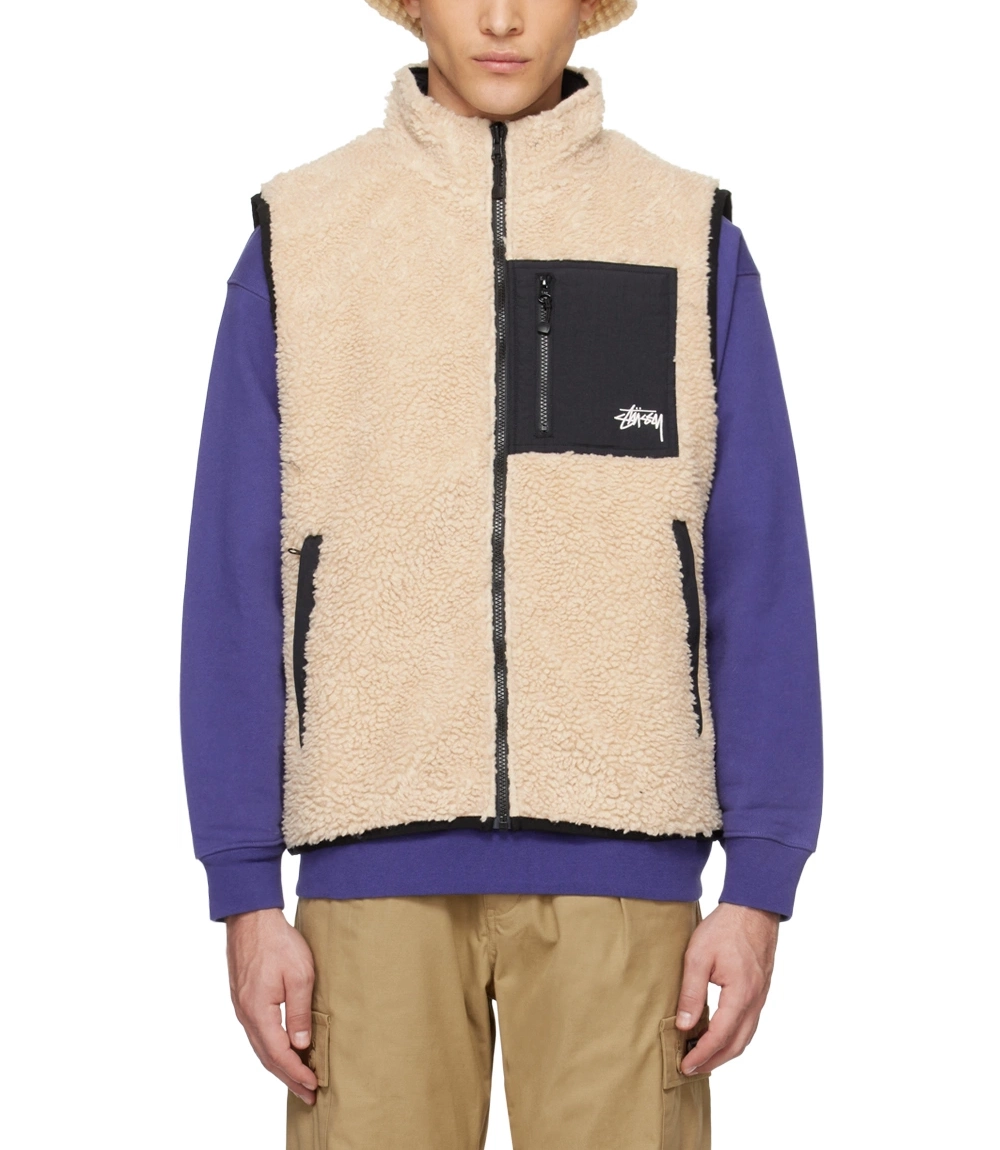 Stussy Beige Sherpa Fleece Reversible Vest For Men (5)