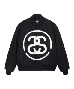 Stüssy SS Logo Varsity Jacket Premium Wool and Leather in Black 1