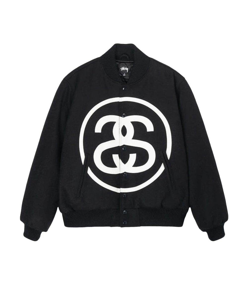Stüssy SS Logo Varsity Jacket – Premium Wool & Leather in Black