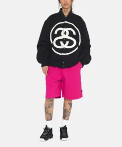 Stüssy SS Logo Varsity Jacket Premium Wool and Leather in Black 2