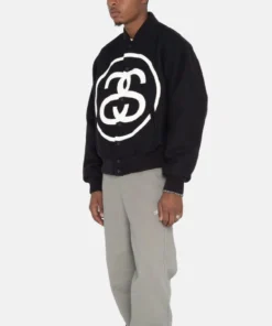 Stüssy SS Logo Varsity Jacket Premium Wool and Leather in Black 4