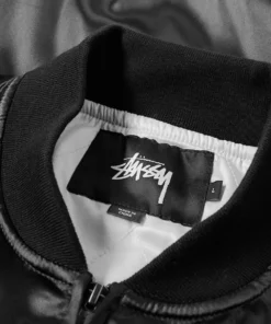 stussy black satin varsity jacket california embroidered bomber (1)