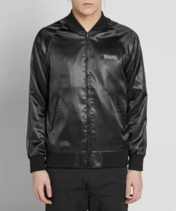 stussy black satin varsity jacket california embroidered bomber (2)