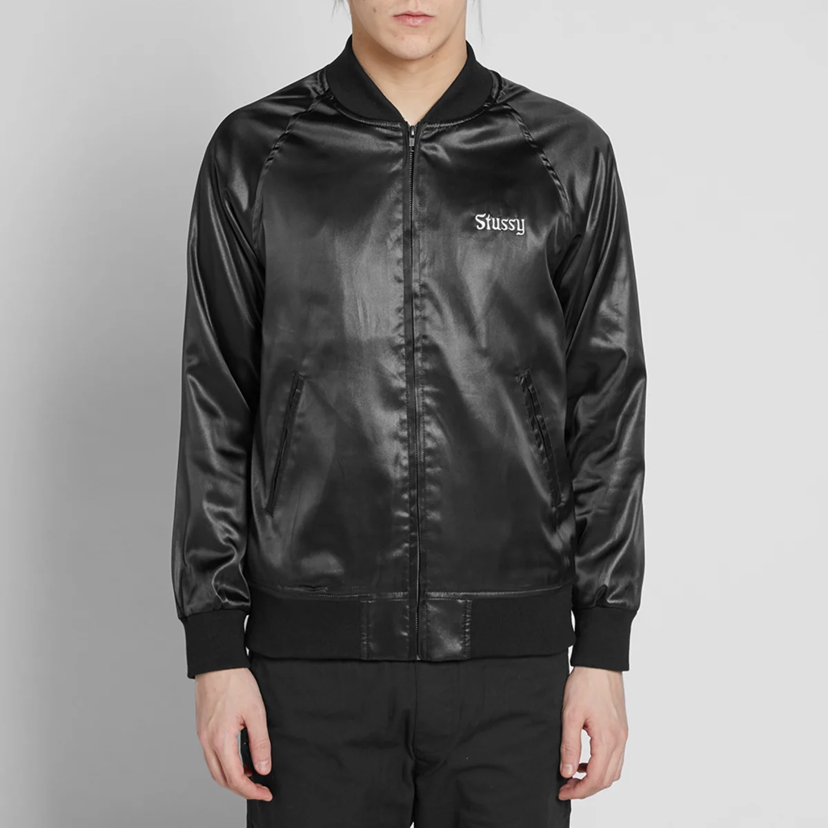 stussy black satin varsity jacket california embroidered bomber (2)