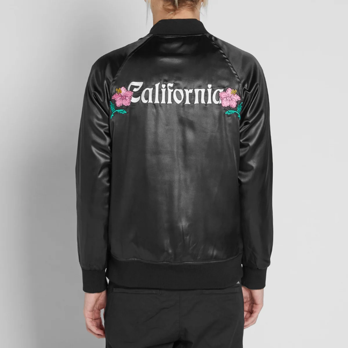 stussy black satin varsity jacket california embroidered bomber (4)
