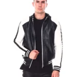 8 Ball Black & White Moto Bomber Leather Jacket – Color Block Racer Style