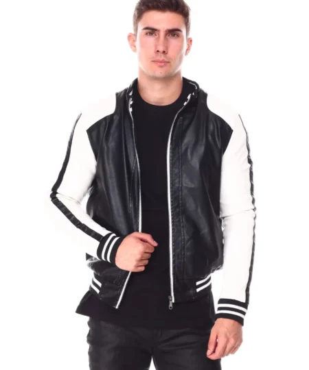 8 Ball Black & White Moto Bomber Leather Jacket Colorblock Racer Style (3)