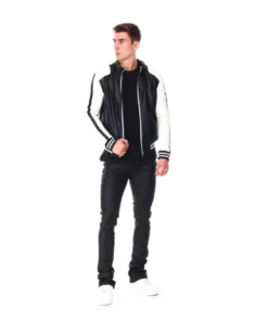 8 Ball Black & White Moto Bomber Leather Jacket Colorblock Racer Style (4)
