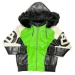 Stussy Robert Phillipe Lime Green & White 8 Ball Jacket – Fur‑Hooded Bomber