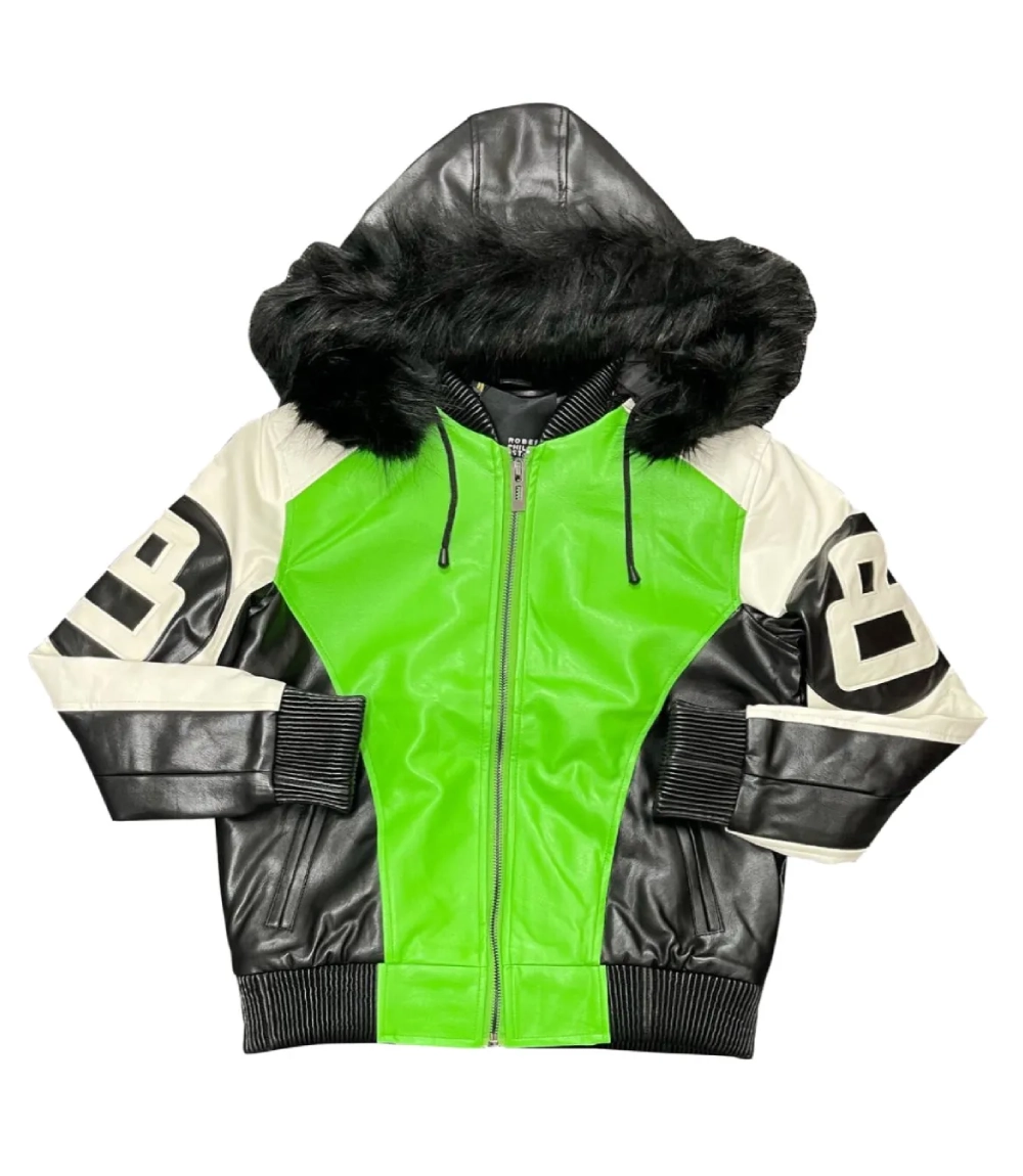 8 Ball Lime Green Leather Jacket with Fur Hood Neon Frost (2)