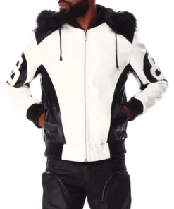 8 Ball White & Black Hooded Leather Bomber Jacket Winter Luxe Edition (3)