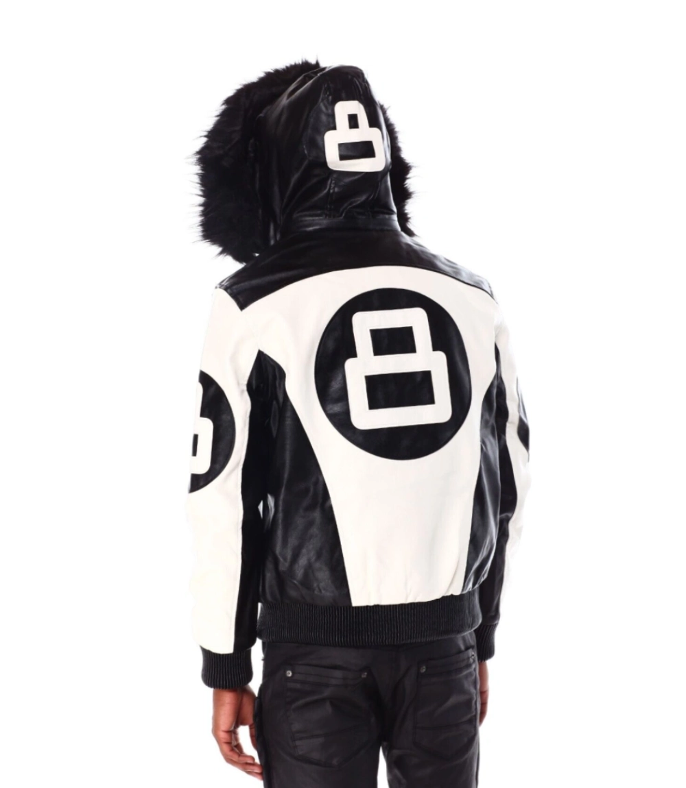 8 Ball White & Black Hooded Leather Bomber Jacket Winter Luxe Edition (4)