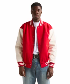 Black Men Wear a Stussy Red And White Varsity Letterman Jacket Wool And Leather Basic Edition (1)