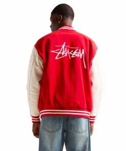 Black Men Wear a Stussy Red And White Varsity Letterman Jacket Wool And Leather Basic Edition (2)