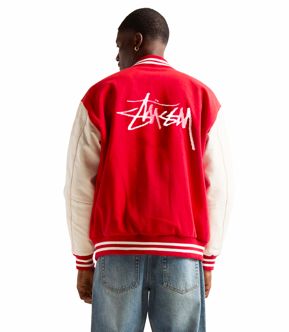 Black Men Wear a Stussy Red And White Varsity Letterman Jacket Wool And Leather Basic Edition (2)