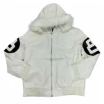 Stussy 8 Ball White Leather Bomber Jacket with Hood