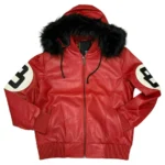 Stussy 8 Ball Red Leather Hooded Jacket – Varsity Bomber with Fur Hood