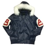 Stussy 8 Ball Navy Leather Hooded Jacket – Men’s Fur‑Hooded Bomber