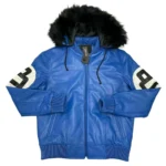 Stussy 8 Ball Blue Leather Hooded Jacket –  Bomber with Fur‑Lined Hood