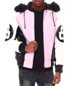 Stussy 8 Ball Pink Hooded Leather Jacket For Man And Women (2)