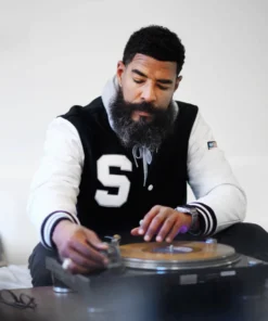 Stussy Big S Wool and Leather Varsity Jacket Black And White (1)