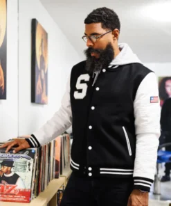 Stussy Big S Wool and Leather Varsity Jacket Black And White (3)