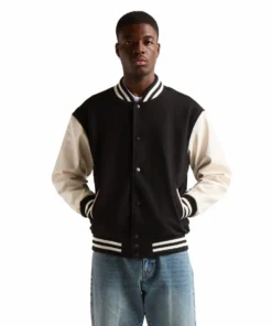 Stussy Men Black Wool And White Leather Varsity Letterman Jacket Stussy Basic Edition (1)