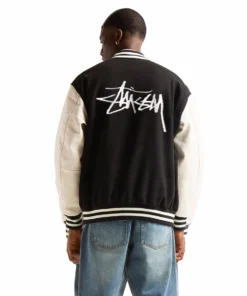 Stussy Men Black Wool And White Leather Varsity Letterman Jacket Stussy Basic Edition (3)