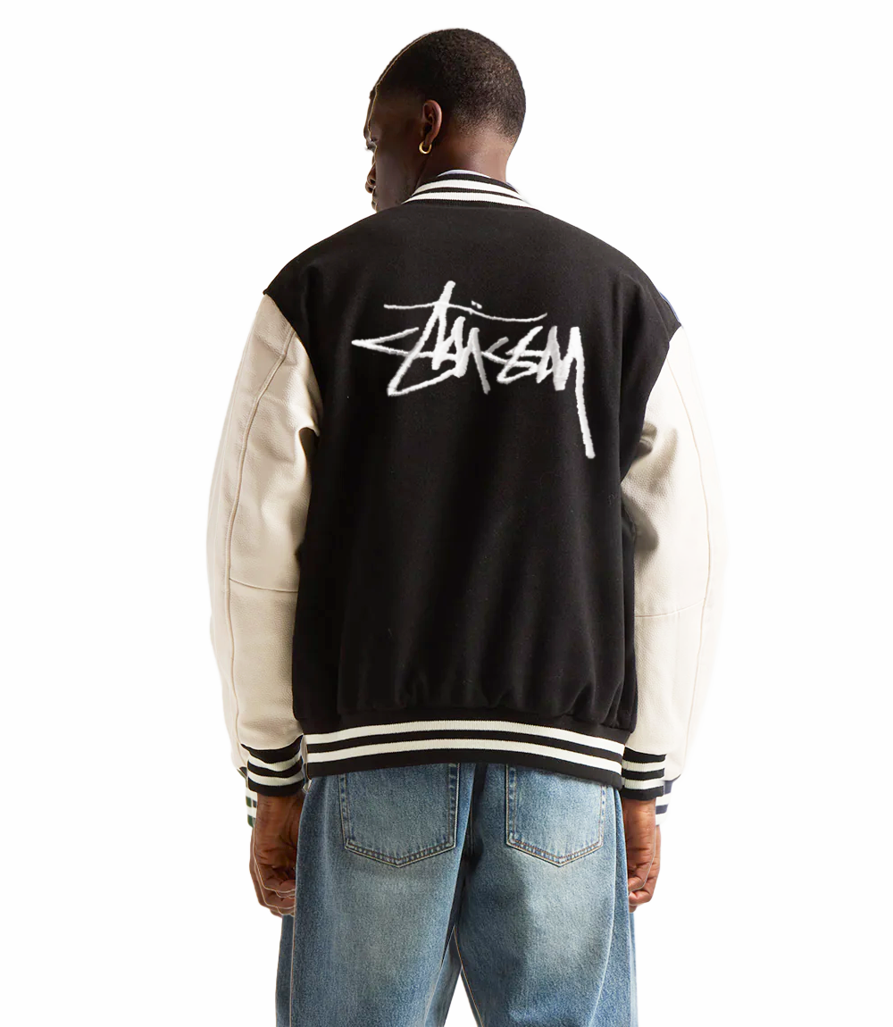 Stussy Men Black Wool And White Leather Varsity Letterman Jacket Stussy Basic Edition (3)