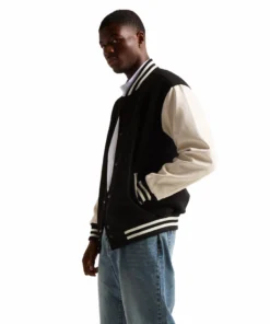 Stussy Men Black Wool And White Leather Varsity Letterman Jacket Stussy Basic Edition (4)