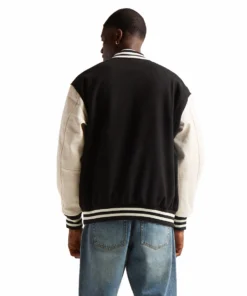 Stussy Men Black Wool And White Leather Varsity Letterman Jacket Stussy Basic Edition (5)