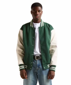 Stussy Men Kelly Green Wool And White Leather Varsity Jacket Stussy Basic Edition (1)