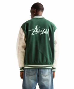 Stussy Men Kelly Green Wool And White Leather Varsity Jacket Stussy Basic Edition (2)