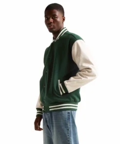 Stussy Men Kelly Green Wool And White Leather Varsity Jacket Stussy Basic Edition (3)
