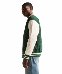 Stussy Men Kelly Green Wool And White Leather Varsity Jacket Stussy Basic Edition (4)