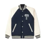 Stussy World Tour Navy Wool And Leather Varsity Jacket