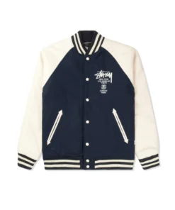 Stussy World Tour Navy Wool and Leather Varsity Jacket (1)