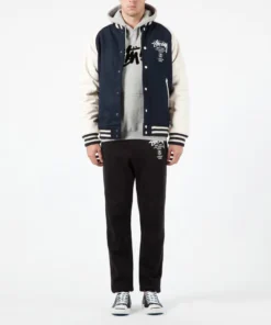 Stussy World Tour Navy Wool and Leather Varsity Jacket (3)