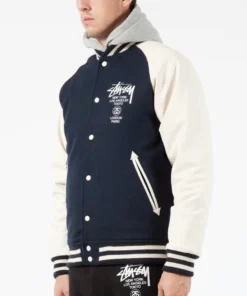 Stussy World Tour Navy Wool and Leather Varsity Jacket (5)