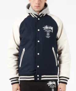 Stussy World Tour Navy Wool and Leather Varsity Jacket (6)