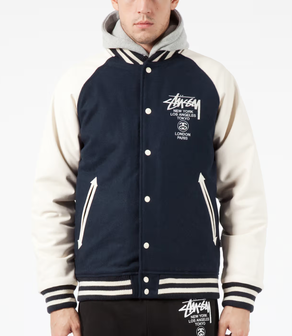 Stussy World Tour Navy Wool and Leather Varsity Jacket (6)