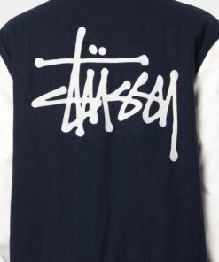 Stussy World Tour Varsity Jacket Navy & White Varsity Jacket back closeup view