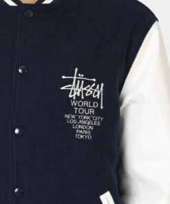 Stussy World Tour Varsity Jacket Navy & White Varsity Jacket front closeup logo view