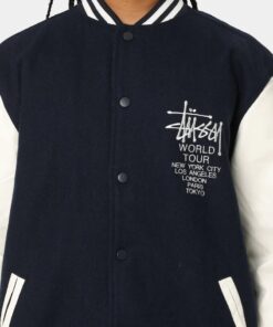 Stussy World Tour Varsity Jacket Navy & White Varsity Jacket front closeup view