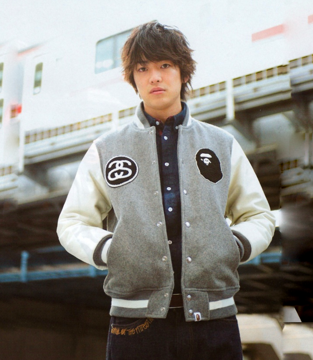 A BATHING APE STUSSY JACKET ジャケット　パーカー　L Stussy x BAPE Varsity Jacket – Grey & White Wool Leather