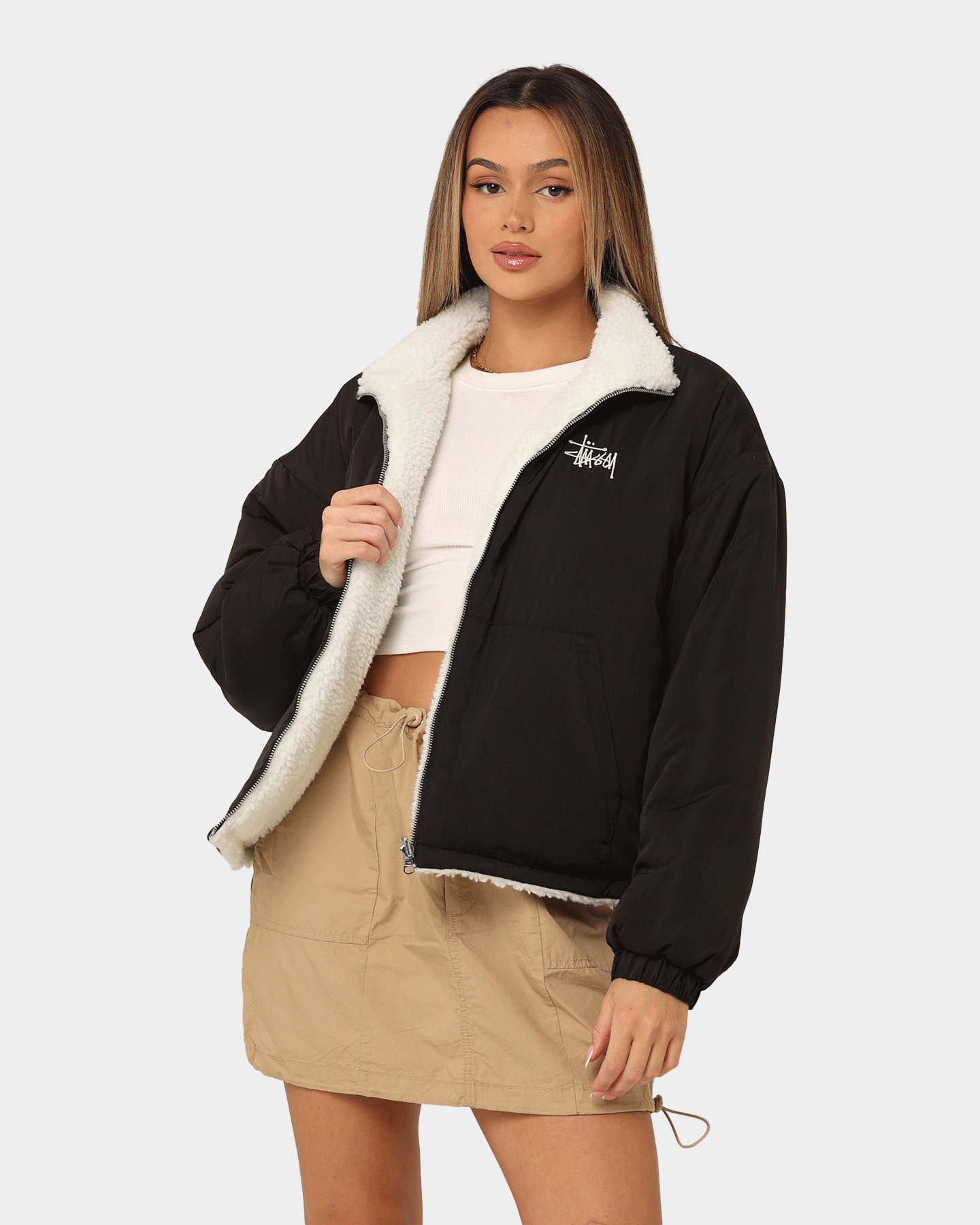 Women Wear A Stussy Reversible Box‑Fit Sherpa Jacket Front And Back
